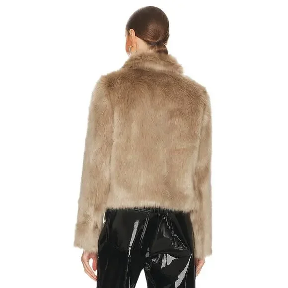 Revolve Ena Pelly Willow Faux Fur Cropped Jacket Zip Up Long Sleeve Taupe Size 2